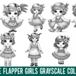 15+ Vintage Flapper Baby Girls Grayscale Coloring Pages for Adults, Instant Download, Printable PDF